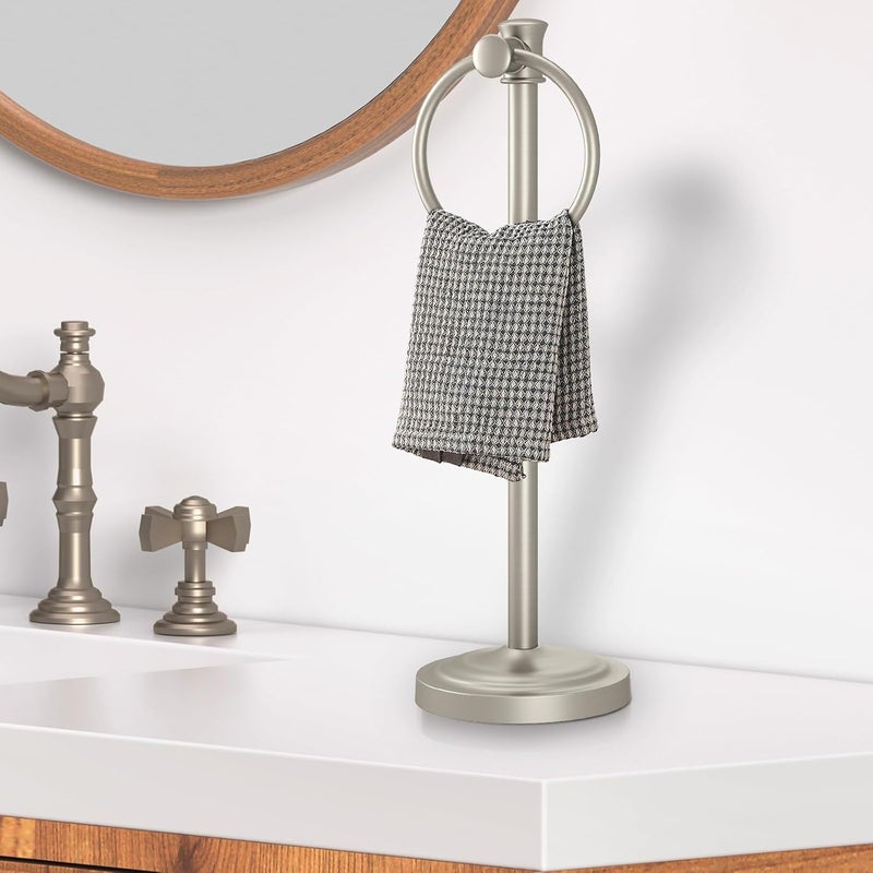 Hoimpro 17 Inch Stand Hand Towel Holder Towel Bar Towel Hanging Ring, Free Standing Floor Hand Towel Rack Storage for Bathroom Kitchen Vanity Countertops, Hardware Accessories(Brushed Nickel) - Image 2